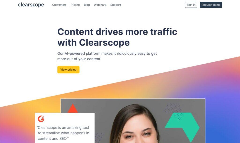 Immagine che rappresenta Clearscope, una piattaforma AI per l'ottimizzazione dei contenuti SEO. Ideale per marketer digitali, specialisti SEO e content creator, Clearscope utilizza l'intelligenza artificiale per fornire raccomandazioni in tempo reale, migliorando la rilevanza dei contenuti e la visibilità nei motori di ricerca. Con un'interfaccia user-friendly e integrazioni con strumenti di scrittura popolari, Clearscope semplifica il processo di ottimizzazione dei contenuti.