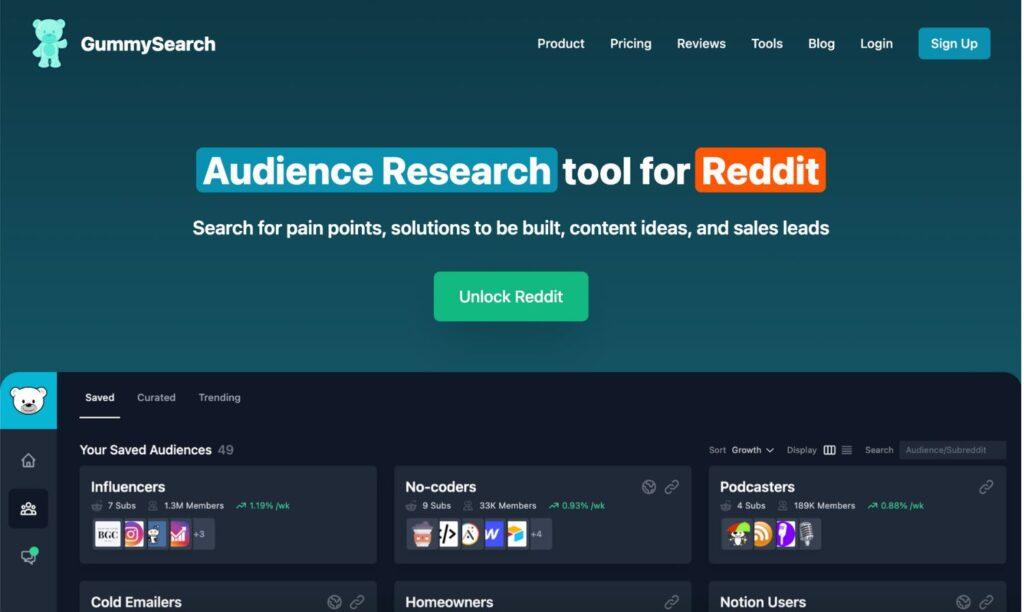 Immagine che rappresenta GummySearch, uno strumento AI per la ricerca di mercato basato sui dati di Reddit. Ideale per startup, sviluppatori di prodotti e creatori di contenuti, GummySearch offre approfondimenti e analisi delle conversazioni su Reddit, permettendo di esplorare nicchie, validare idee di prodotto, trovare ispirazione per i contenuti e generare lead di vendita. La piattaforma è accessibile gratuitamente con opzioni di iscrizione premium.