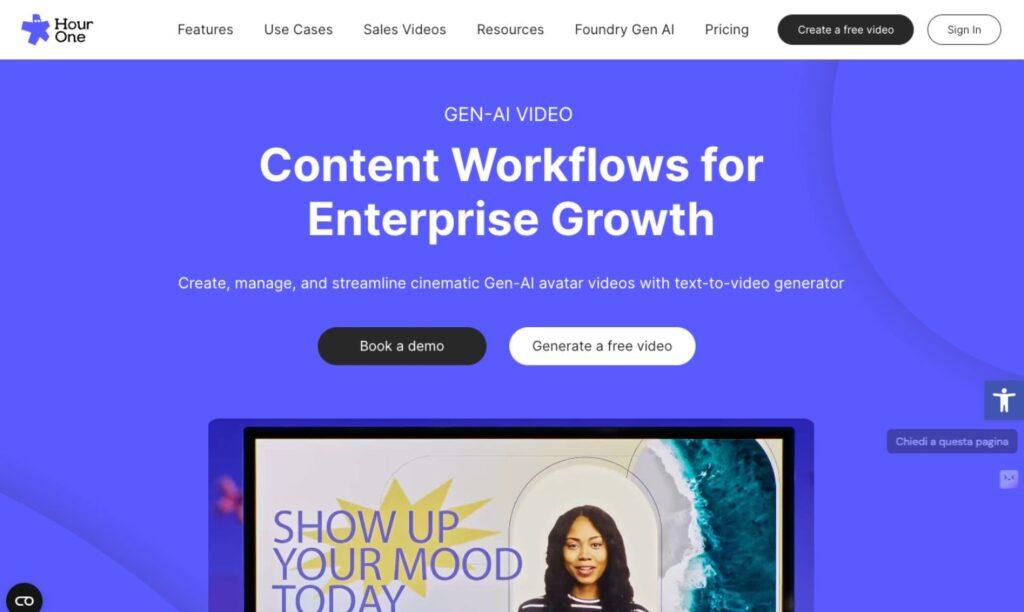 Immagine che rappresenta Hour One, uno strumento avanzato di creazione di video con intelligenza artificiale. Ideale per aziende e professionisti, Hour One permette di generare video di alta qualità utilizzando avatar IA iperrealistici. Con funzionalità come la conversione di testo in video, traduzione multilingue e personalizzazione del brand, Hour One semplifica la produzione di contenuti visivi coinvolgenti e professionali.