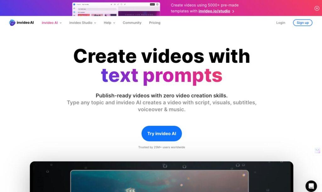 Immagine rappresentante InVideo, una piattaforma di video editing basata su cloud. L'immagine mostra un'interfaccia user-friendly con numerosi template, opzioni di generazione di script assistita dall'IA, e strumenti di voiceover, evidenziando la semplicità e l'efficienza nella creazione di contenuti video di alta qualità.