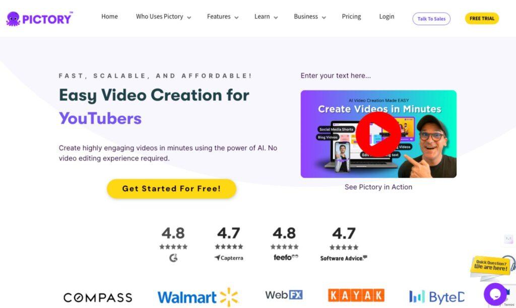 Immagine rappresentativa di Pictory, uno strumento innovativo basato sull'intelligenza artificiale per la creazione e modifica di contenuti video. Adatto a content creator, marketer e aziende, Pictory automatizza la produzione video, trasformando testi in video coinvolgenti e modificando video tramite script. Con funzionalità come voice over, personalizzazione del brand e integrazione con social media, Pictory rende la creazione video semplice e accessibile.