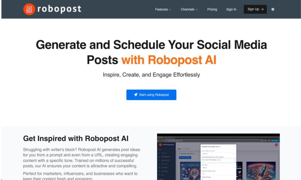 Immagine che rappresenta Robopost AI, uno strumento AI per la generazione e programmazione di contenuti sui social media. Ideale per marketer, influencer e aziende, Robopost AI automatizza la creazione di post e la generazione di immagini di alta qualità, migliorando l'efficienza e l'engagement sui social media. Con un'interfaccia user-friendly, supporta diverse piattaforme e offre funzionalità avanzate di ottimizzazione dei contenuti.